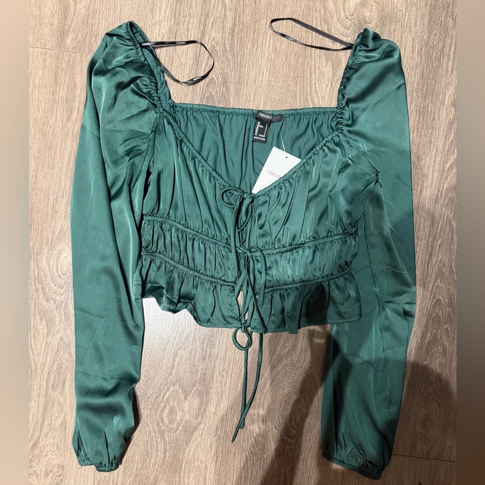 Forever 21 green silk long sleeve top size large